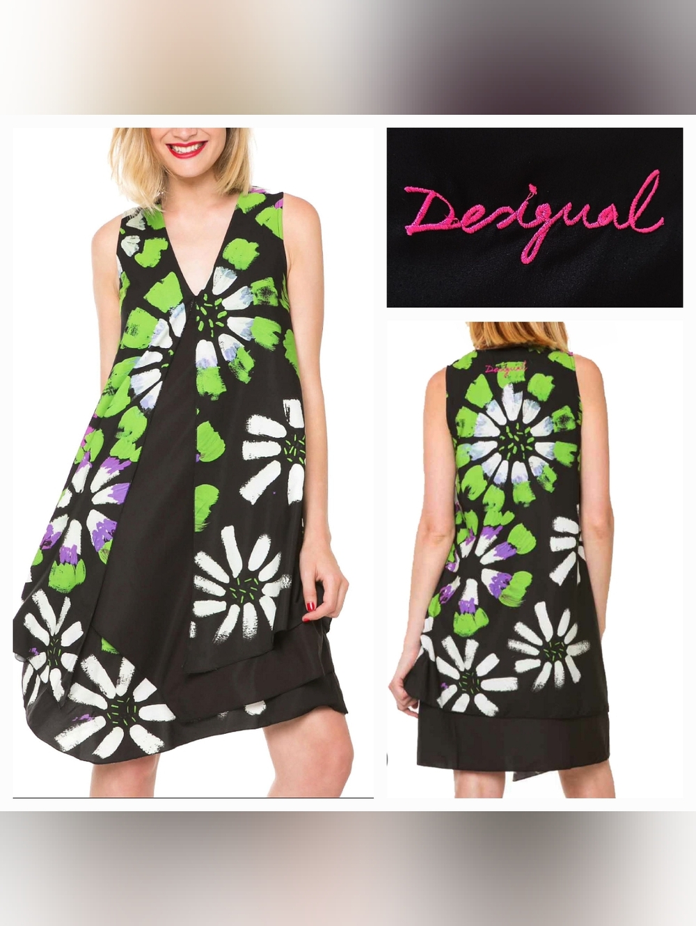 Desigual Eranthe Multi-layer Sleeveless Dress Black/green Floral Sz 38 US 6